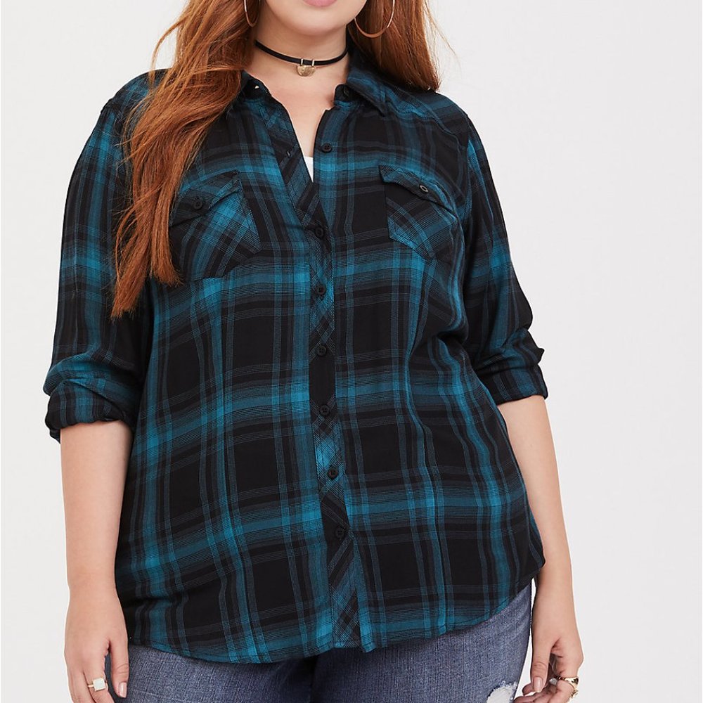 Turquoise Plaid Twill Camp Shirt